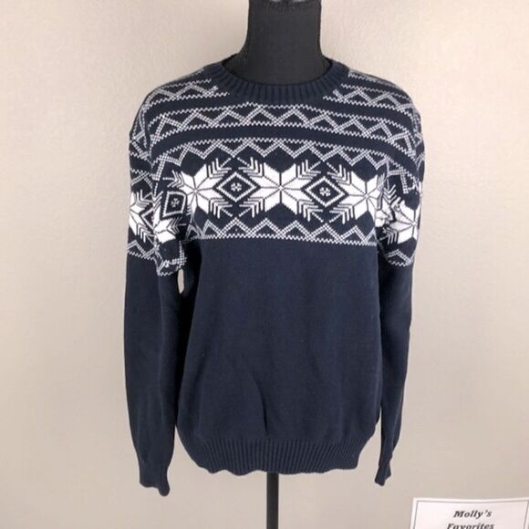 Weatherproof Blue Fair Isle Navy Sweater Cotton Crewneck White Snowflake Design - Picture 2 of 10